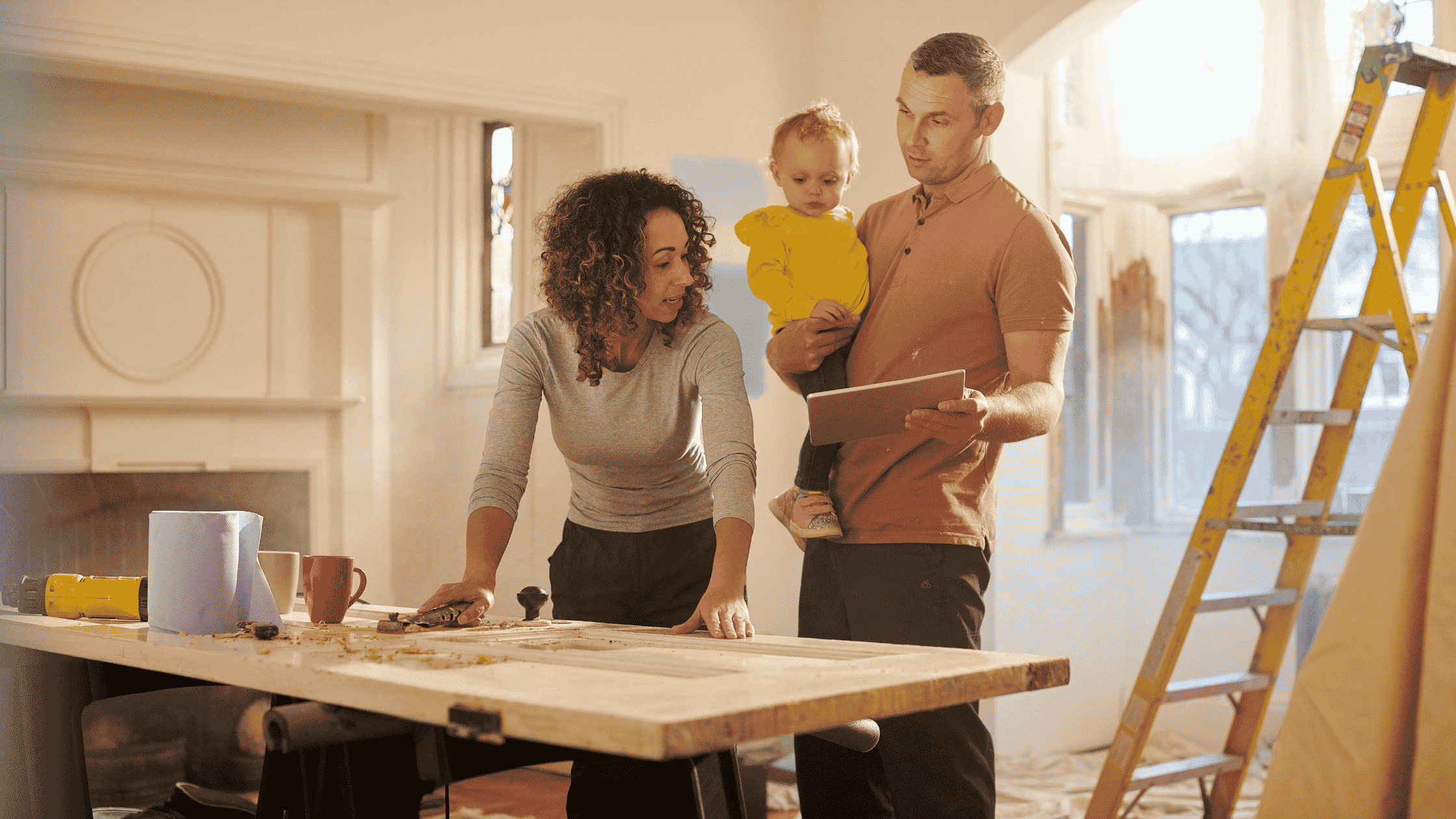 A father holding his young daughter and a tablet device, showing his wife a quote for home improvement finance to fund an ongoing project.